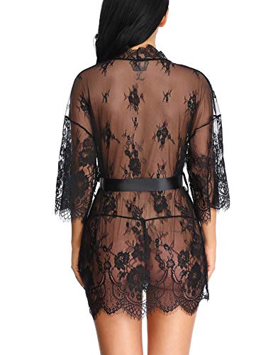 LALAVAVA Women Sexy Robe Lingerie Set Lace Flower Kimono Babydoll Short Nightgown (Black, M)
