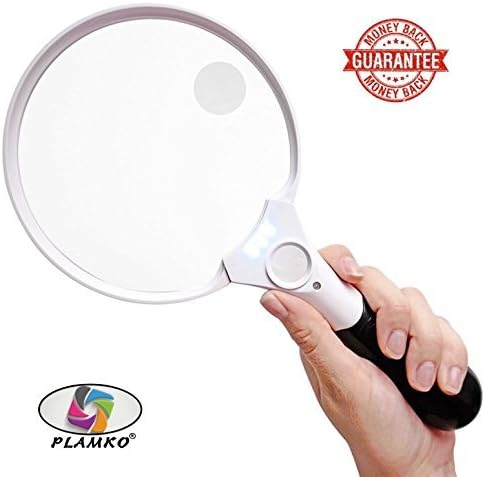 Plamko Extra Large Handheld Magnifying Glass with LED Light - 2X, 4X, 12x Illuminated Magnifier Lenses for Reading & Fine Details (White)