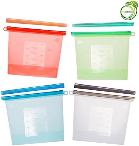 Reusable Silicone Food Storage &amp; Sandwich Bags for Meal prep BPA FREE leakproof Dishwasher Safe MULTIPURPOSE-AIRTIGHT With 8 SLIDES (4bags+8slides)34oz
