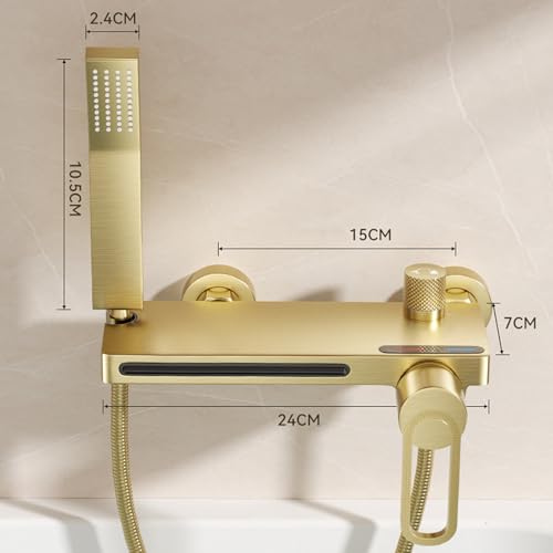 SWHC Bath Faucet with Shower, Waterfall Bath Mixer Tap Hot or Cold Shower Tap Wall Mounted Brushed Gold Bathroom Bath Tap Brass