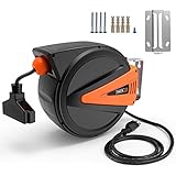 TACKLIFE Retractable Cord Reel, 50+4.5ft Retractable Power Cord, 14AWG, 3C SJTOW, 180° Swivel Ceiling or Mounting Metal Slotted Bracket, Tri Tap Connector, Reset Button and Adjustable Stopper