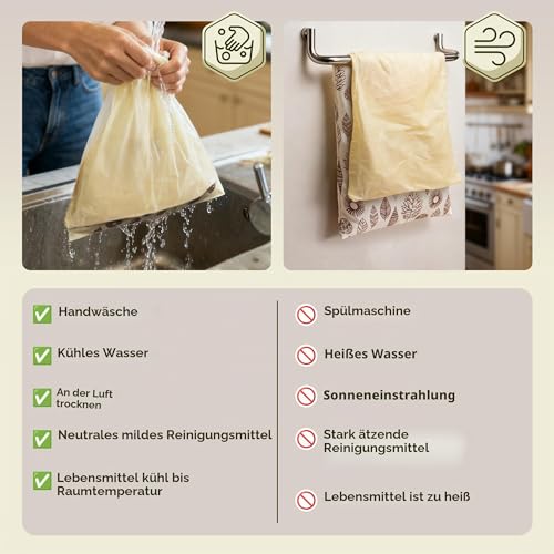 OHIYO Reusable Beeswax Bread Bags 43 cm x 33 cm, Natural Beeswax Coated Cotton Storage Bags for Homemade Bread and Baked Goods (Pack of 2)