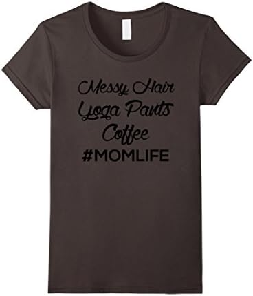 Womens Messy Hair Yoga Pants Coffee Mom life Shirt- Funny Mom Shirt Small Asphalt