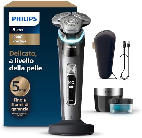 Shaver i9000 Prestige, rasoio elettrico Wet & Dry, tecnologia Skin IQ, triplo sistema di sollevamento e taglio, doppie lame di precisione in acciaio 360º, pod di pulizia rapida, XP9202/30