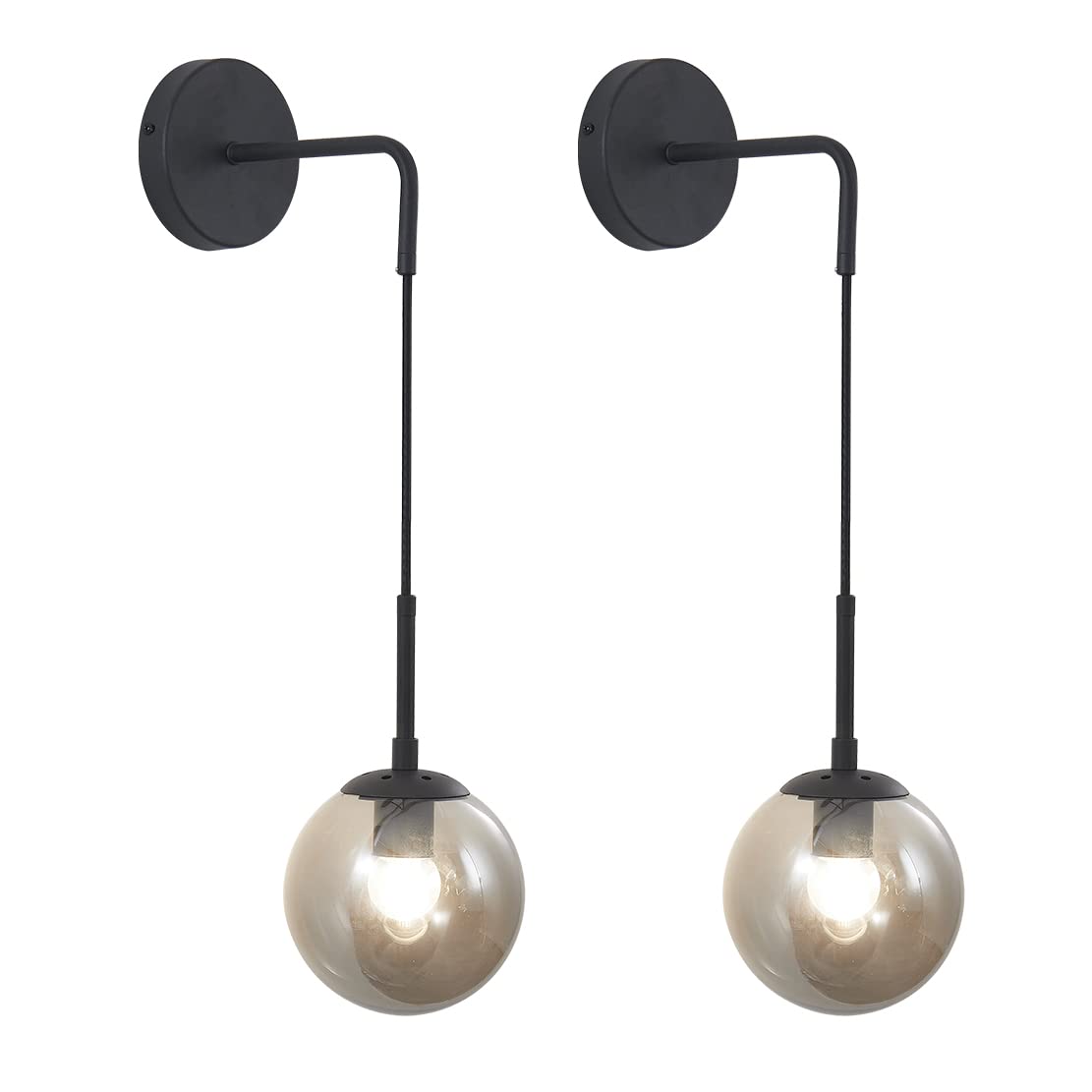 Photo 1 of KCO Lighting Black Glass Globe Wall Sconce Set of 2 Farmhouse Industrial Wall Lamp with Adjustable Cord Mid Century Modern Wall Mount Reading Light for Bathroom Mirror Bedside Stairs (Smoke Grey)