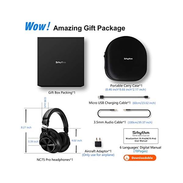 Srhythm NC75 Pro Active Noise Cancelling Headphones Bluetooth 5.0,Over-Ear Headset with Build-in Microphone,Hi-Fi,40…