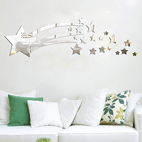Iusun 3D Wall Sticker Removable Mirror Stars DIY Self-adhesive Wall Decal Wall Paper Decoration for Room Home Nursery Bedroom Office Supplies Gift - Ship From USA (Silver) - Thumbnail 2