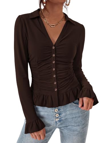 BTFBM Fitted Button Down Shirts for Women Dressy Casual Tops,Coffee,L at Amazon