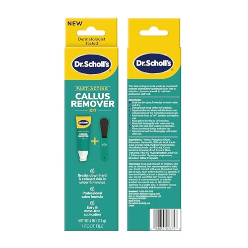 DR. SCHOLL’S FAST ACTING CALLUS REMOVER GEL KIT, HARD SKIN REMOVAL, SMOOTH SOFT FEET IN MINUTES, SALON PROFESSIONAL FORMULA, MESS FREE APPLICATION, EXFOLIATING FOOT FILE PEDICURE TOOL INCLUDED