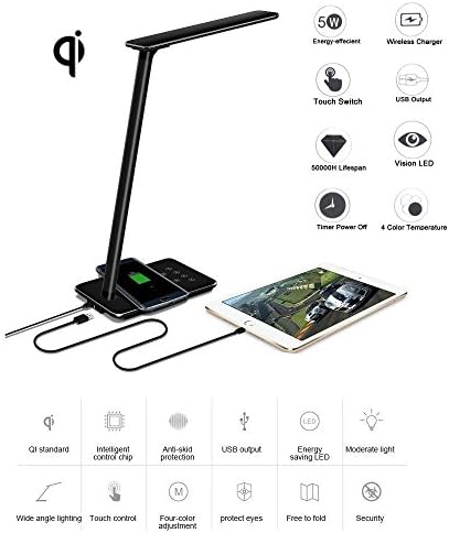 NORDECCO EyeCare LED Desk Lamp - Qi Wireless Charge Pad Desk Table LED Lamp, 5V/1A Wireless Charging Output, Lighting with hand touch Control