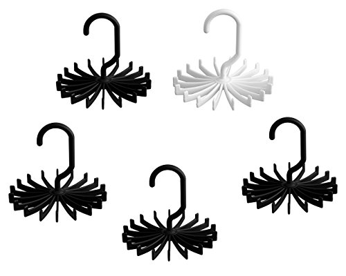 5pcs Tie Rack Organizer 360 Degree Rotating 20 hook Twirl Tie Rack Adjustable Tie Belt Hanger Holder Hook Tie (4pcs Black+1pcs White)