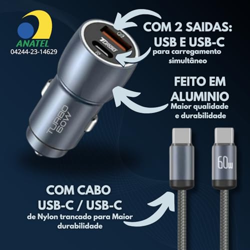 Carregador Veicular Turbo 60W Pro, Kit com Cabo USB-C. Duas portas USB 3.0 + USB-C, Led, Carregamento Rápido 9.1A Fast Charge Carro/Automotivo Compatível com IOS e Android – Premium (Preto)