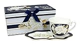 Lightahead Elegant Bone China Tea Cup and Royal Snack Saucer in White Rose Design 8.5 oz in attractive reusable handmade gift box