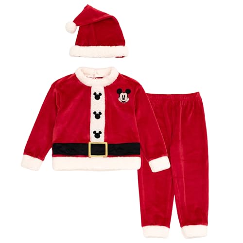 Disney Mickey Mouse Christmas Velour Sweatshirt, Pants & Santa Hat 3 Piece Set Newborn to Big Kid Sizes (0-3 Months - 10-12)