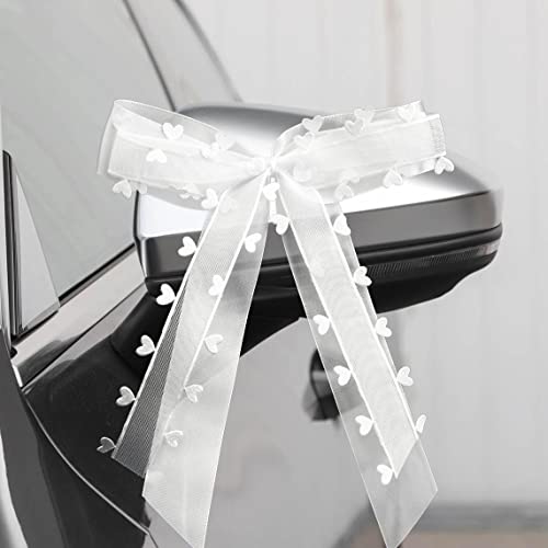 Fesaizwi Pack of 50 Car Bows Wedding - White with Heart Bows Car - Wedding Christmas Bows Wedding Decoration - Handmade Satin Ribbon for Wedding (25 x 15 cm)