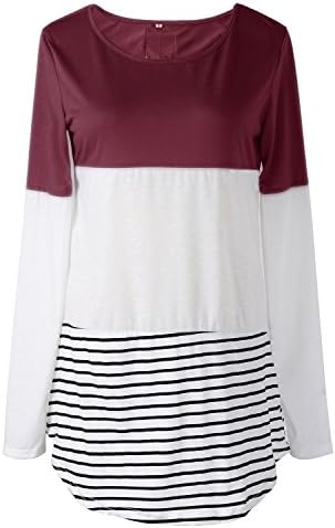 Kingdilor Women's Back Lace Color Block Tops Long Sleeve O-Neck T-shirts Blouses Stripe Hem Tunic (L, Wine Red)