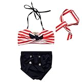 Baby Girls 3 Pcs Swimwear Striped Halter Bow Top+Bottom+Headband Swimsuit (1-2T, Deep Blue)