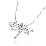 Dragonfly Pendant 925 Sterling Silver Necklace with 2 mm Created Blue Fire Opal Stone, 18