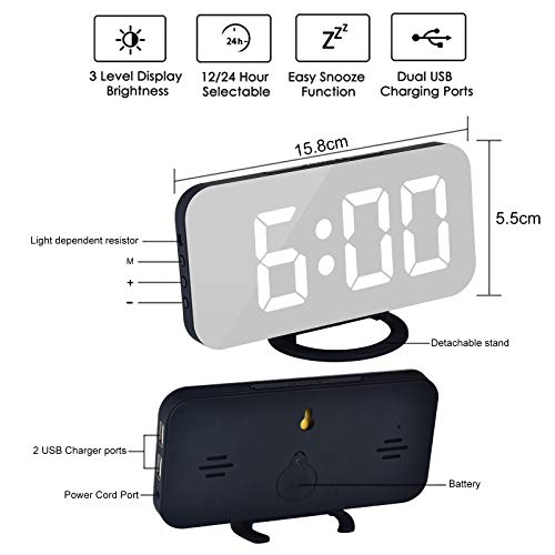 Ygdigital Digital Alarm Clock,6.5 Inch LED Mirror Electronic Clocks