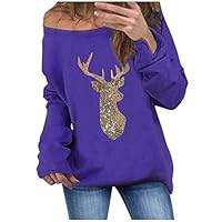 FEDULK Women Christmas Slouchy Sweatshirt Off Shoulder Ugly Sweater Xmas Pullover Blouse(Purple, Medium)