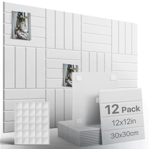 Woovio Cork Wall Self-Adhesive 120 x 90 cm, Decorative Cork Board for Home, School, Office, 12 Planks with 60 Double-Sided Adhesive Pads (White)