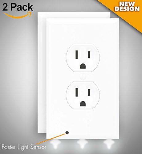 Power Outlet Cover Plate with LED Night Lights and NEW DESIGN Faster Light Sensor - Easy Install - Low Power Consumption - No Wires and No Batteries - (Pack of 2, White) - NEW DESIGN