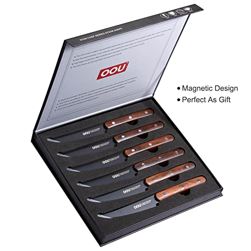 OOU! Steak Knife Set of 6, High Carbon Stainless Steel Kitchen Steak