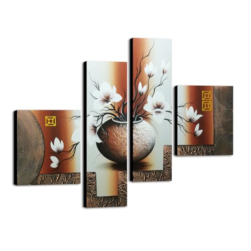Wieco Art - Huge Size Modern Stretched and Framed Elegant Flowers Artwork 4 Panels 100% Hand-painted Flowers Oil Paintings on Canvas Wall Art for Wall Decor XL