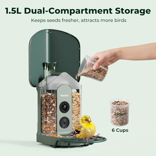 Kiwibit Solar Smart Bird Feeder with Camera, AI Bird Species Identification, 8MP Photos, 4K UHD Video Live Stream Wild Bird House Feeders for Outdoors, Birdwatching Gifts for Bird Lovers, Green