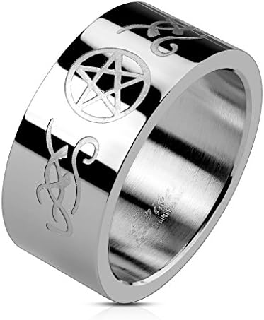 Bungsa Pentagram & Stars Ring Men 60-70 Silver Stainless Steel (Men's Ring Fashion Ring Jewellery 666 Devil Satan Gothic Surgical Steel)