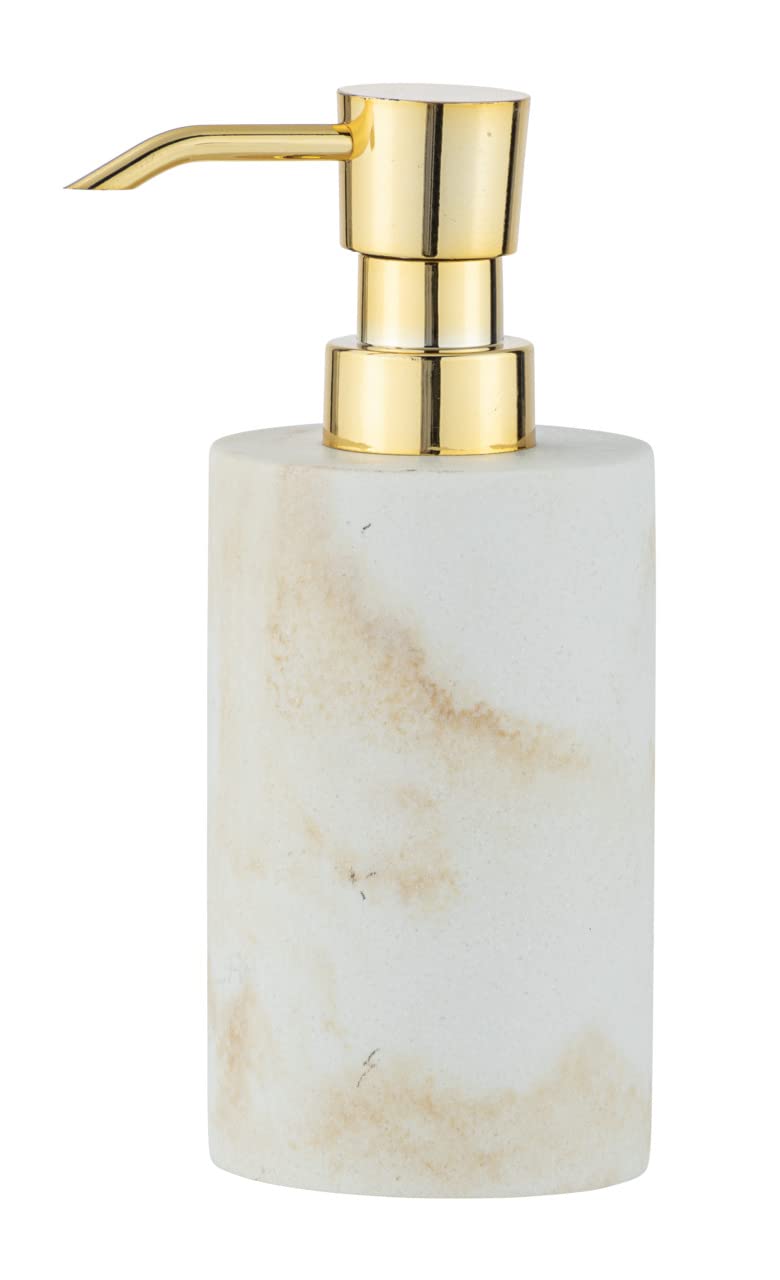 WENKO Soap Dispenser Mod. Odos Refillable Soap Dispenser for Liquid Soap Made of Sturdy Polyresin in Marble Look, Ideal for Bathroom and Guest Toilet, 7 x 18 x 10 cm, Capacity 290 ml, White/Gold