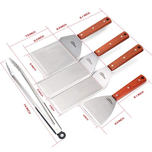 Goutime Commercial Griddle Accessories, 5 Pieces Flat Top Grill Tools Include Stainless Steel Spatula Scraper Tong Turner, Restaurant Grade Hibachi Griddle Utensils with Carrying Bag