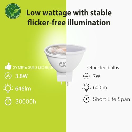 GY GU5.3 MR16 12V Spotlight LED Bulb 3.8W, Equivalent 60W Low Consumption, Warm White 2700K, 663 Lumens, Narrow Beam Angle 36° Spotlight, Non-Dimmable, Pack of 12