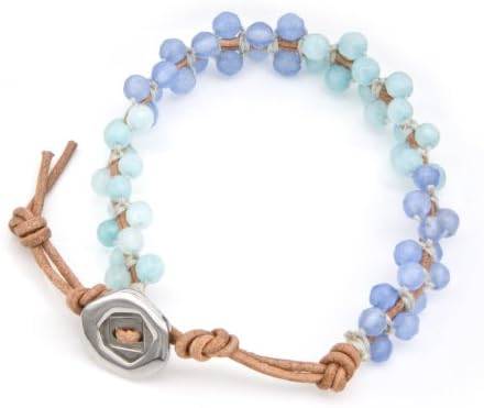 Mosaic Wrap Bracelet with Faceted Blue Jade & Aquamarine Beads on Genuine Khaki Leather Strip (adjusted from 7.5 - 9.5")