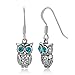 925 Oxidized Sterling Silver Greenish Blue Eye CZ Stone 2-D Wisdom Owl Dangle Hook Earrings 1.2