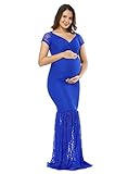 JustVH Women's Off Shoulder Short Sleeve V Neck Lace Maternity Gown Maxi Photography Dress