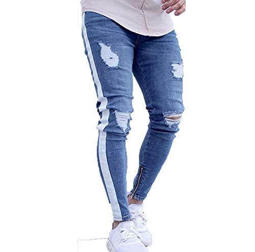 XBRECO Mens Ripped Skinny Distressed Jeans Biker Slim Fit Side Striped Denim Pants