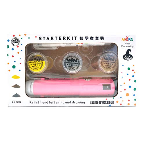 mofa Embossing Starter Kit with Embossing Heat Tool,Embossing Pens (Clear),Super Fine Gold,Silver,Yellow Embossing Powder (Pink Set2)