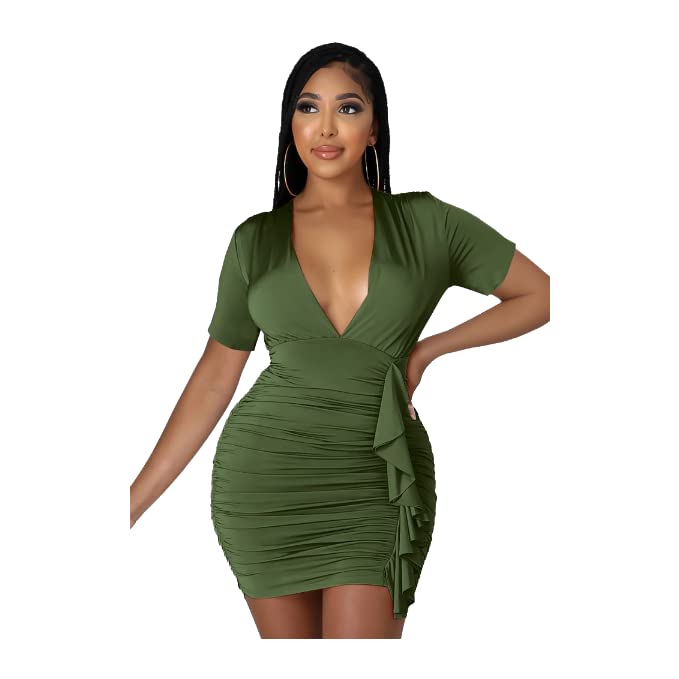 Women's Green V-Neck Short Sleeves Shirring Mini Slinky Dress 14