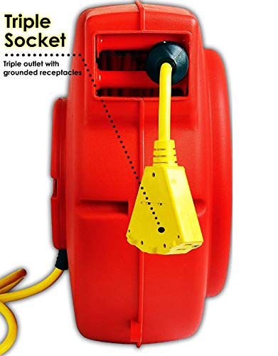 REELWORKS Retractable Extension Cord Reel Polypropylene Industrial 12AWG x 40' Feet Commercial Grade 3C SJT Cable with Triple Tap Connector 15A 125VAC 1875W 60Hz Circuit Breaker Indoor Use (Renewed)