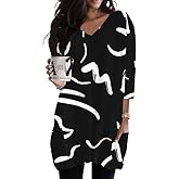 Poetsky Womens Tunic Tops for Leggings with Pockets Vneck 3/4 Length Sleeve Shirt Casual Long T-Shirts S-3XL