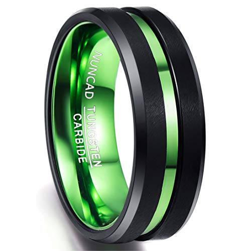NUNCAD Men's 8mm Tungsten Carbide Ring Green & Black Matte Finish Beveled Edges