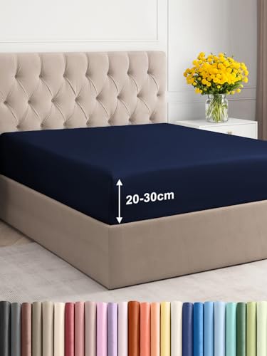 Single Fitted Bed Sheet – Deep Pocket – Fits Mattress up to 30cm (12") – Soft Brushed Microfiber – OEKO-TEX Certified – Fade & Shrink Resistant – Bottom Sheet – Easy Care – Navy Blue, 90 x 190cm