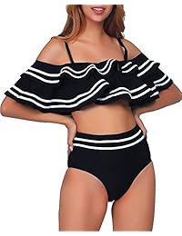 Traje de baño para dama de 2 piezas, estilo vintage, con hombros descubiertos, con cintura alta, parte inferior