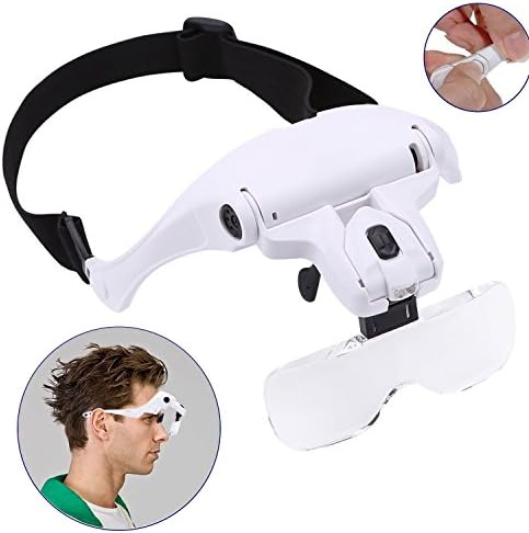 Headband LED Illuminated Head Magnifier Visor - 1X to 3.5X Zoom with 5 Detachable Lenses - Hands Free Head Worn Lighted Magnifying Glasses for Reading, Jewelry Loupe, Watch &amp; Electronic Repair
