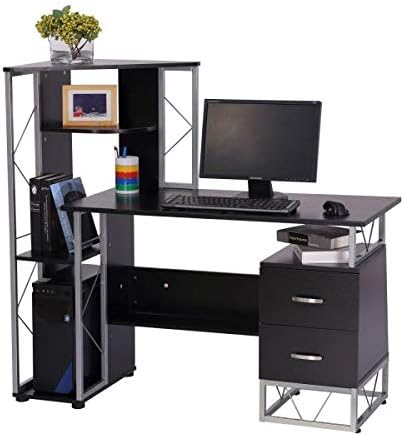 Home Office Desk Computer Workstation Tower Shelves Bookshelf Desktop Functional Furniture Dorm Room Organization Storage Books Black