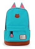 Moolecole Leather & Canvas Backpack School Bag Laptop Backpack with Cat's Ears Design (Sky Blue)