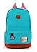 Moolecole Leather & Canvas Backpack School Bag with Cat's Ears Design Sky Blue