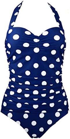 SHINE24H Womens Retro One Piece Shaping Body White Polka Swimwear L Blue