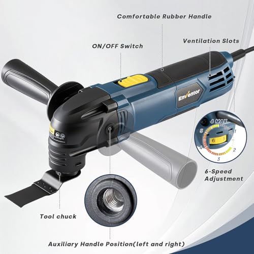 Enventor Oscillating Multi-Tool, 300W, 15000-22000 OPM, Corded Electric Multi-Tool, 6 Variable Speed, 3° Oscillation Angle, Auxiliary Handle, with 17 Accessories for Cutting, Sanding and Scraping